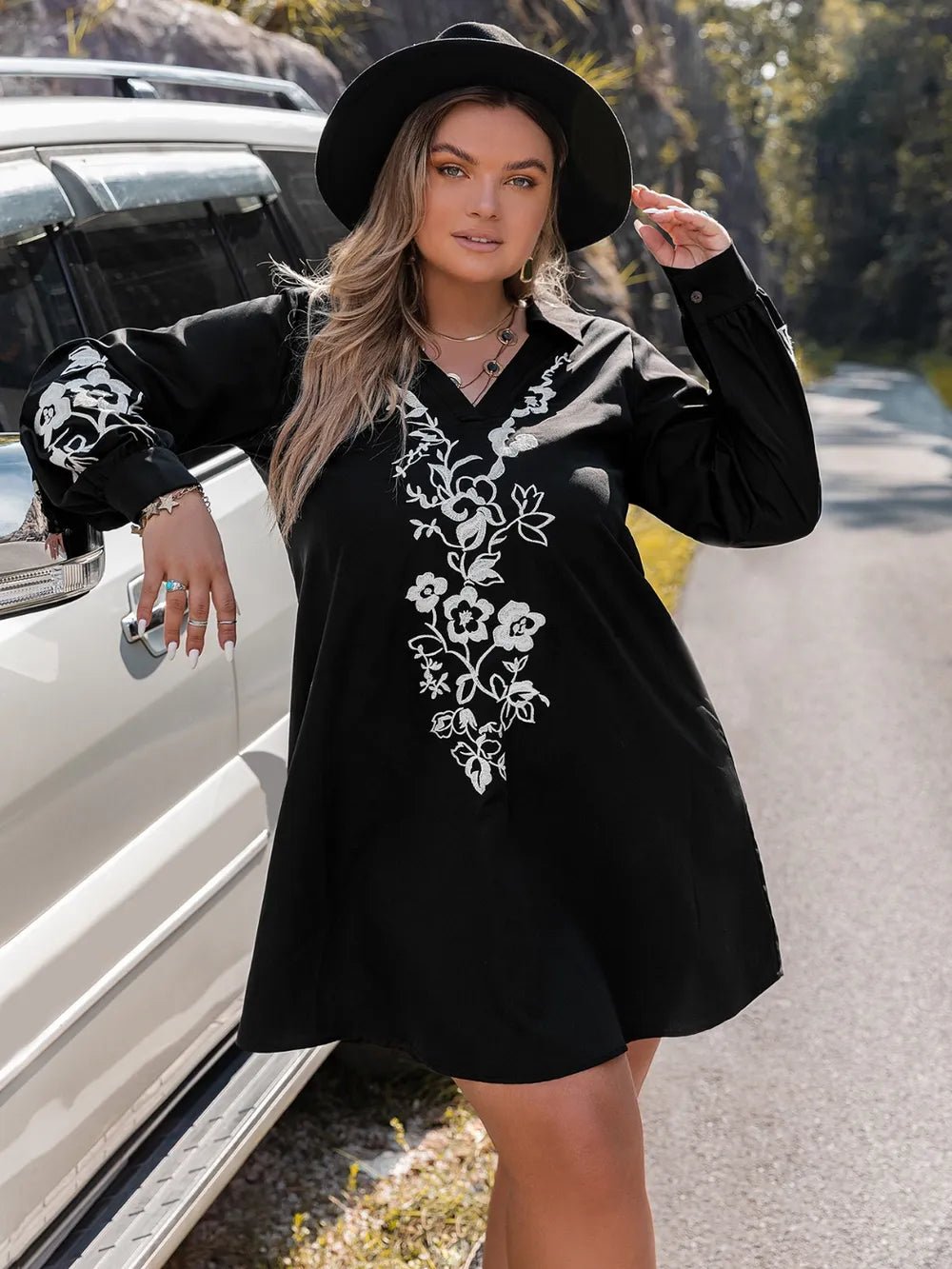 Plus Size Embroidered Long Sleeve Mini Dress - MAD RUFFI