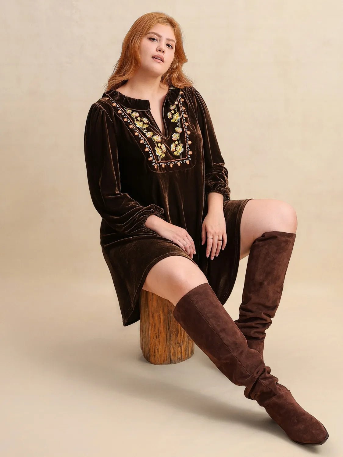 Plus Size Embroidered Notched Balloon Sleeve Mini Dress - MAD RUFFI