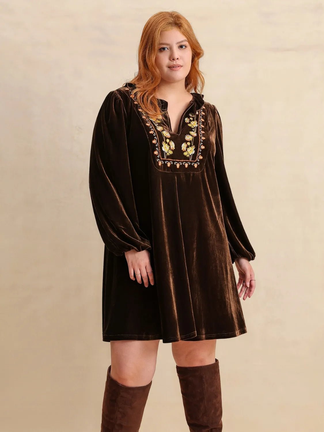 Plus Size Embroidered Notched Balloon Sleeve Mini Dress - MAD RUFFI