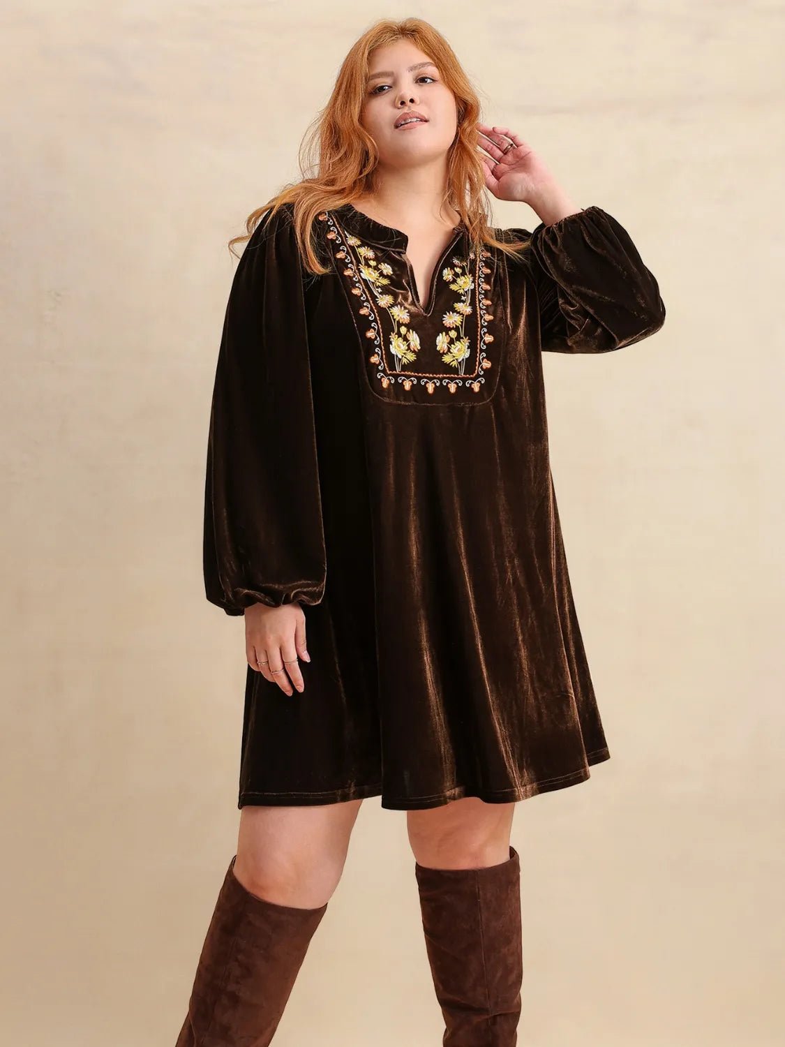 Plus Size Embroidered Notched Balloon Sleeve Mini Dress - MAD RUFFI
