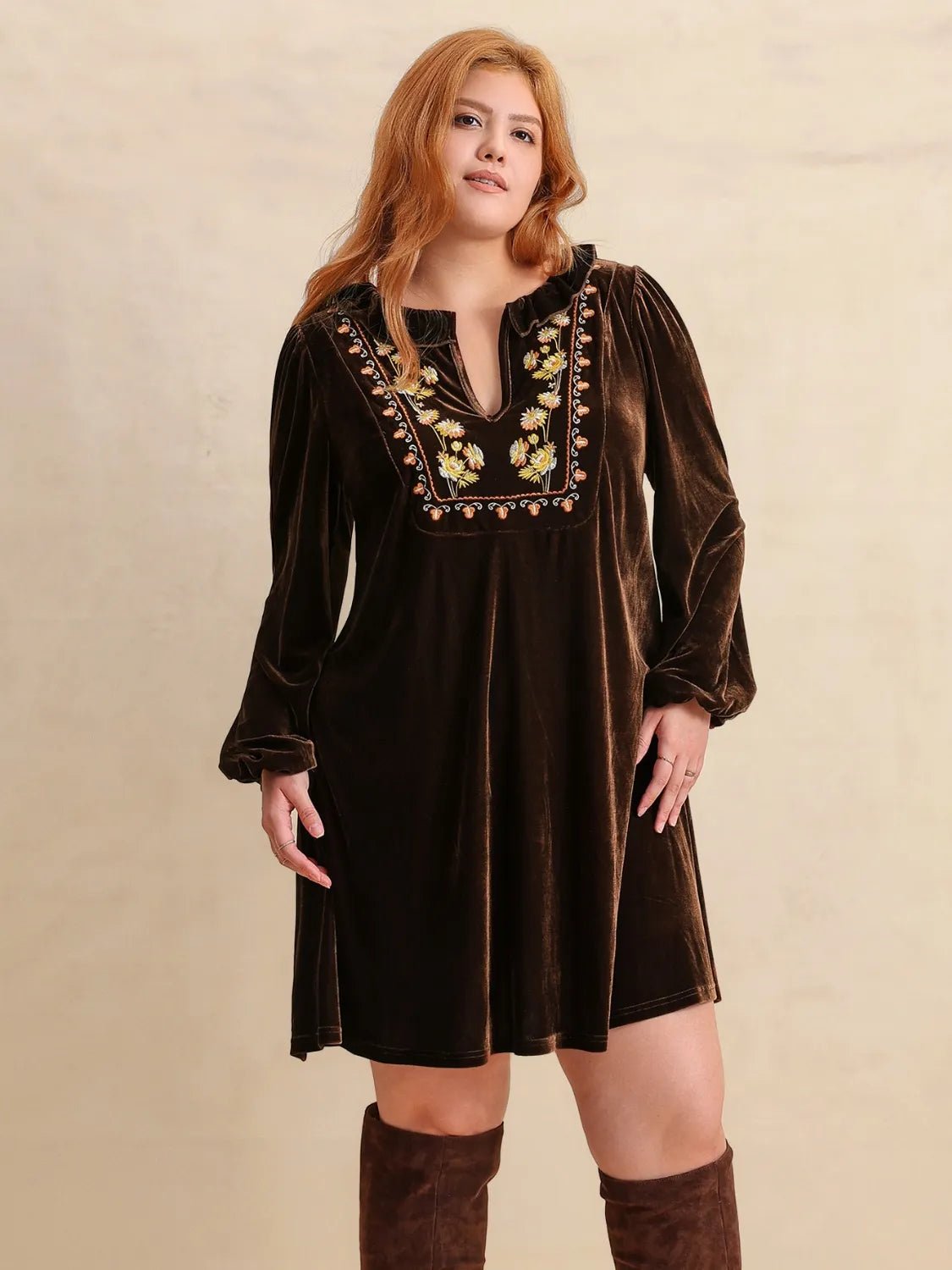 Plus Size Embroidered Notched Balloon Sleeve Mini Dress - MAD RUFFI