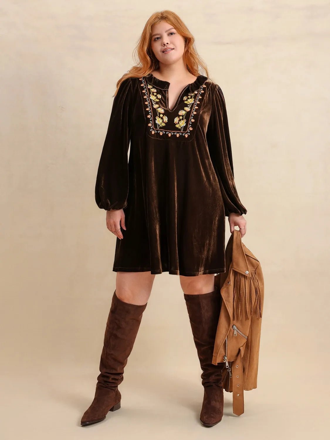 Plus Size Embroidered Notched Balloon Sleeve Mini Dress - MAD RUFFI