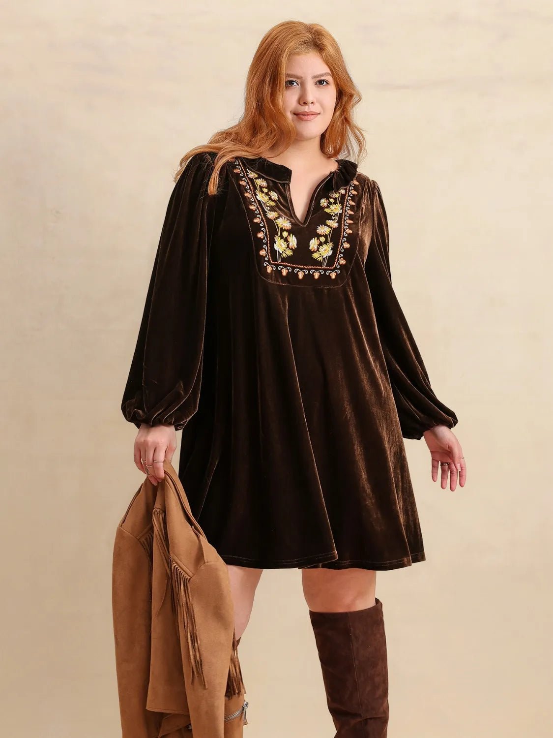 Plus Size Embroidered Notched Balloon Sleeve Mini Dress - MAD RUFFI