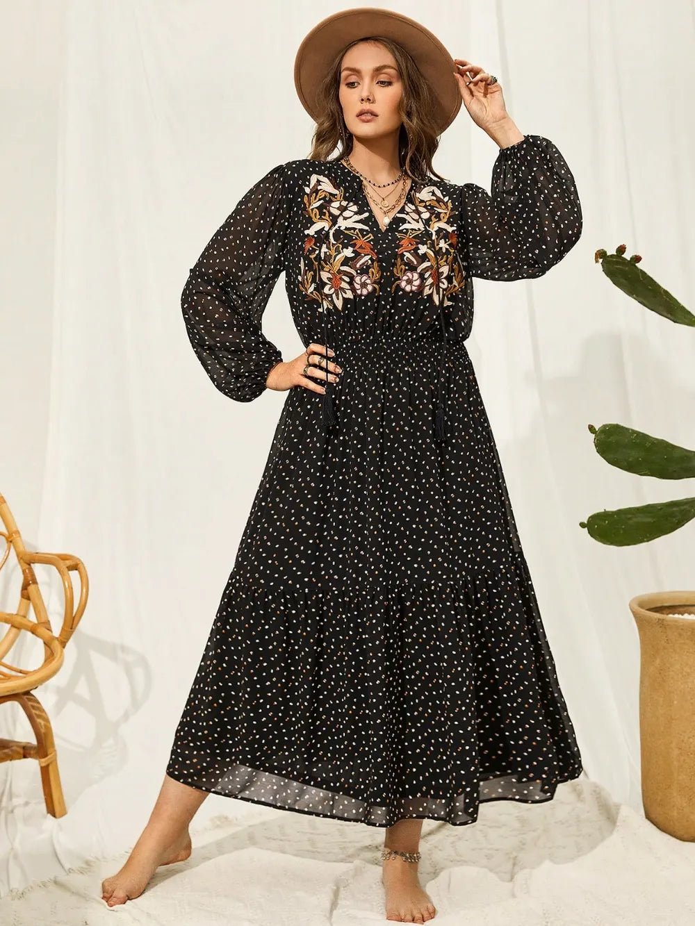 Plus Size Embroidered Tassel Balloon Sleeve Dress - MAD RUFFI