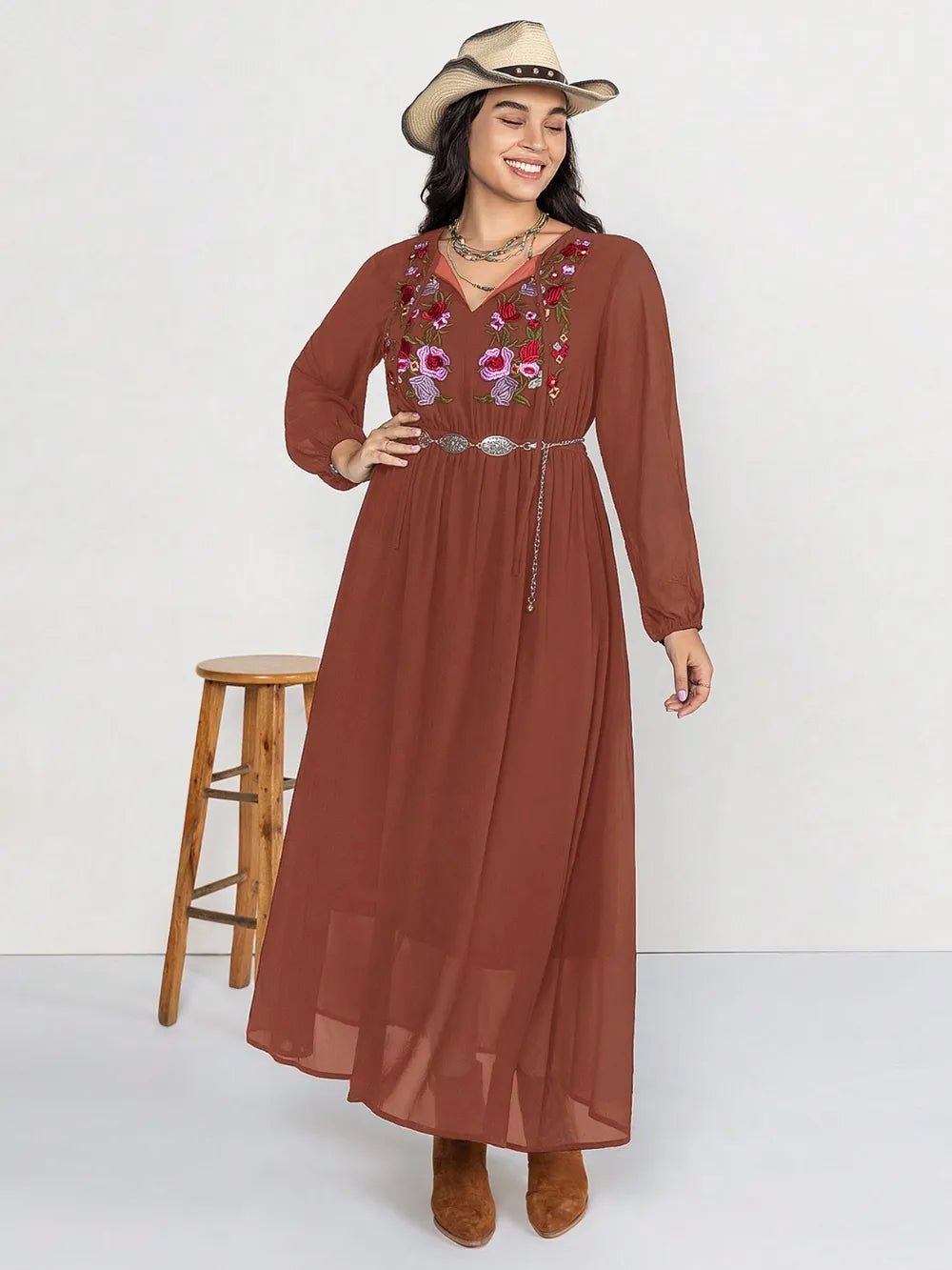 Plus Size Embroidered Tie Neck Long Sleeve Dress - MAD RUFFI