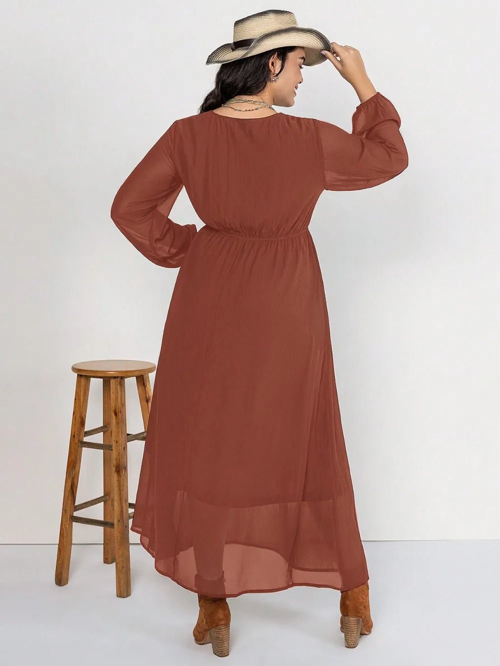 Plus Size Embroidered Tie Neck Long Sleeve Dress - MAD RUFFI