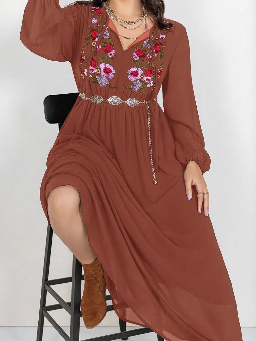 Plus Size Embroidered Tie Neck Long Sleeve Dress - MAD RUFFI