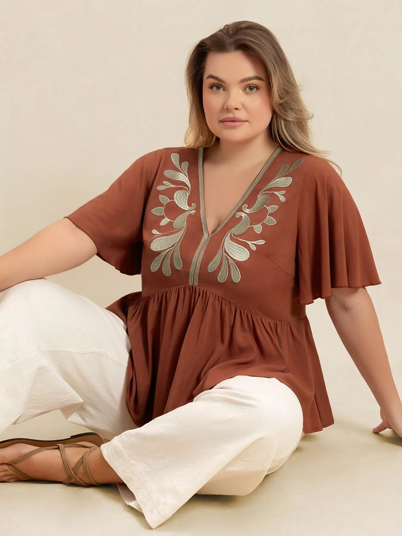 Plus Size Embroidered V - Neck Flutter Sleeve Blouse - MAD RUFFI
