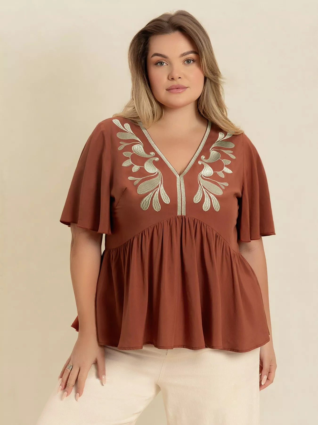 Plus Size Embroidered V - Neck Flutter Sleeve Blouse - MAD RUFFI