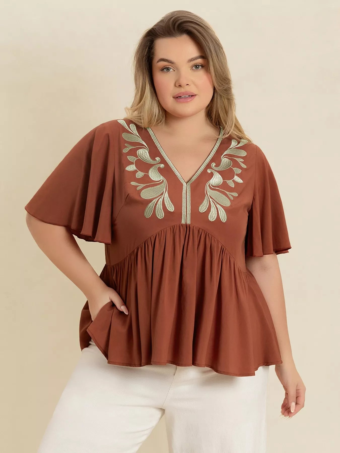 Plus Size Embroidered V - Neck Flutter Sleeve Blouse - MAD RUFFI