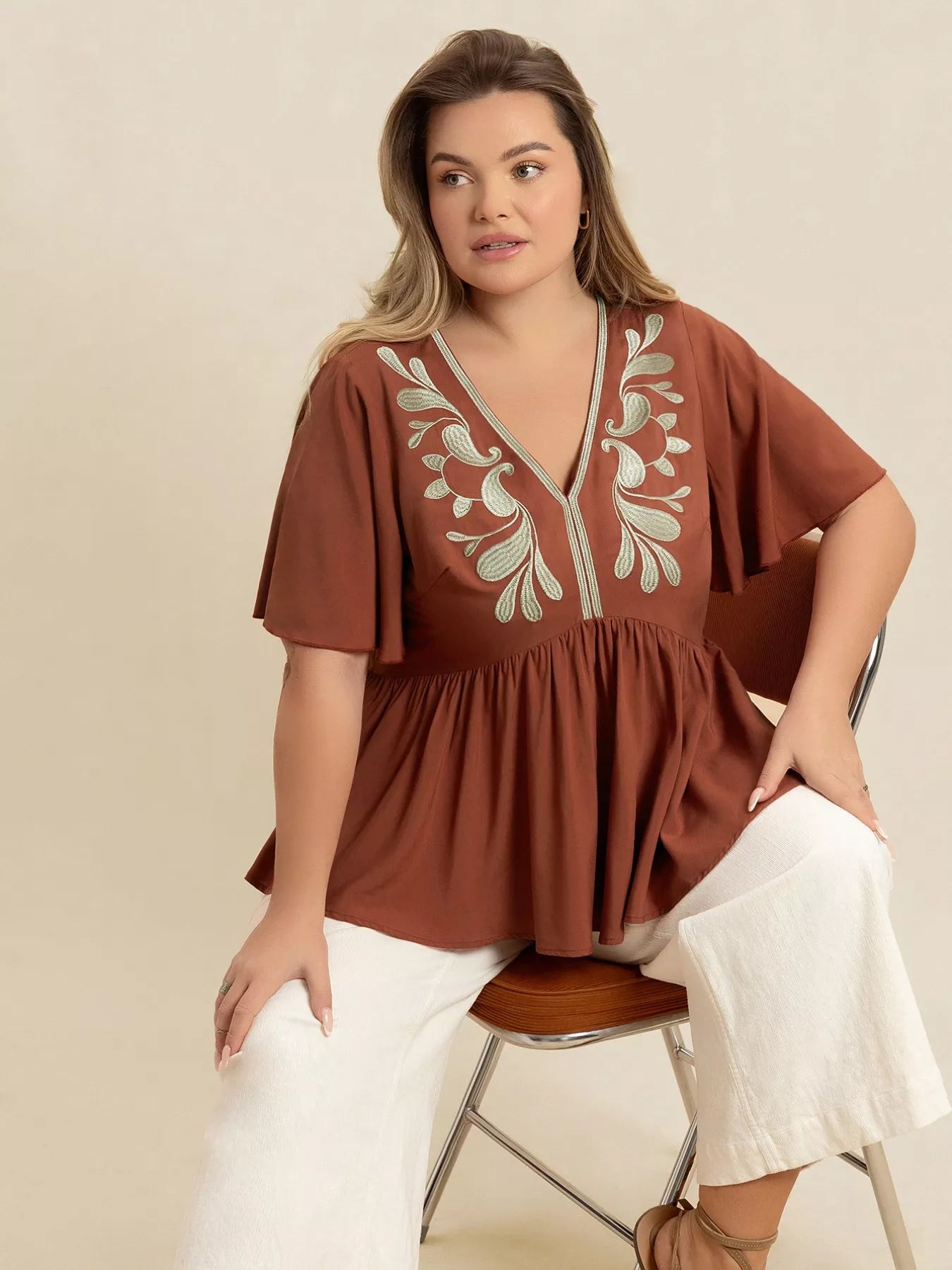Plus Size Embroidered V - Neck Flutter Sleeve Blouse - MAD RUFFI