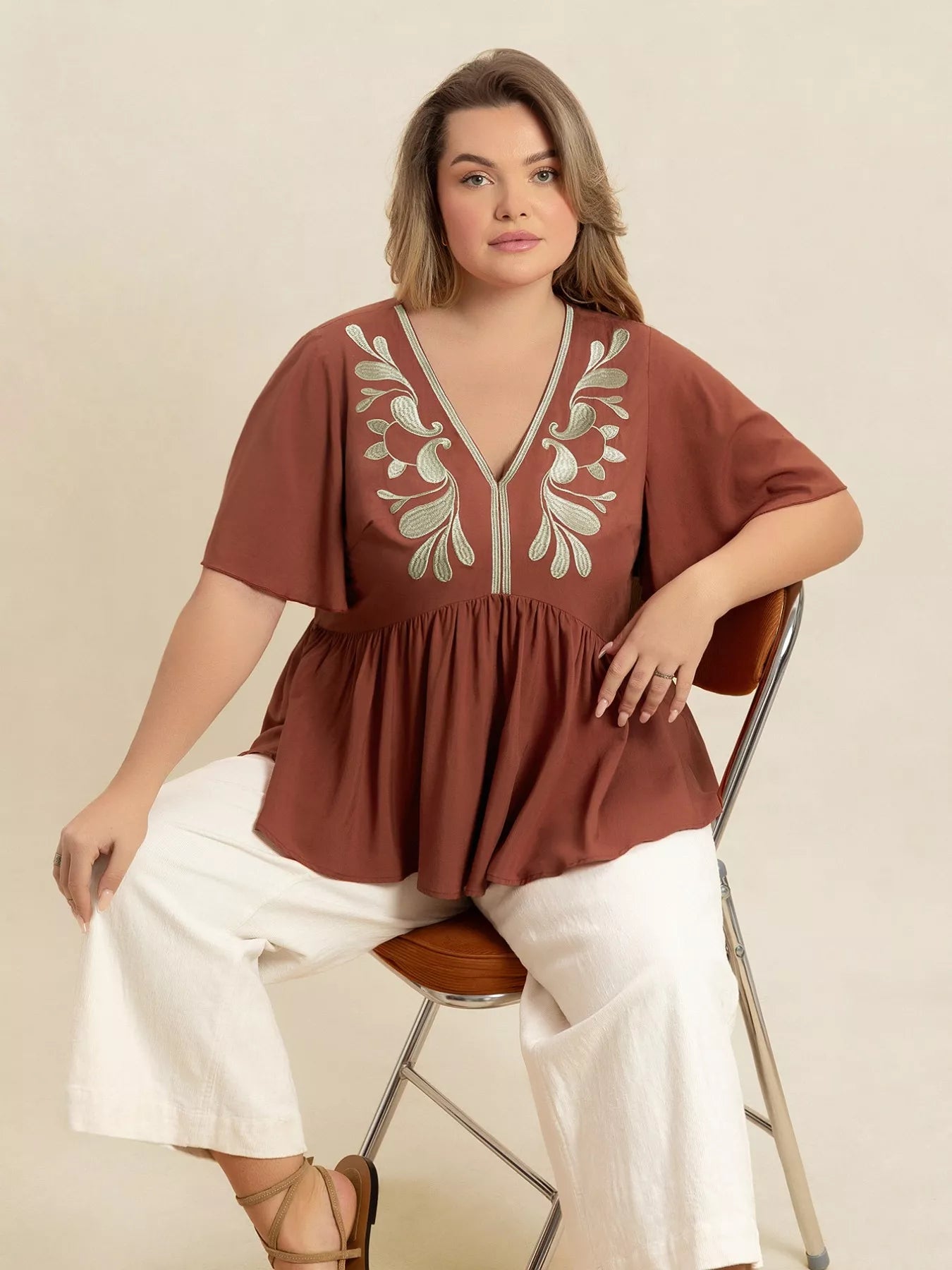 Plus Size Embroidered V - Neck Flutter Sleeve Blouse - MAD RUFFI
