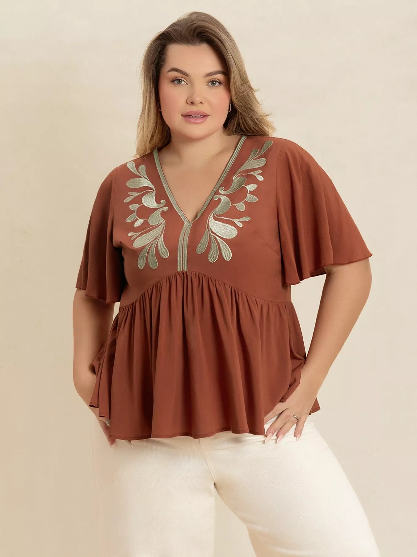 Plus Size Embroidered V - Neck Flutter Sleeve Blouse - MAD RUFFI