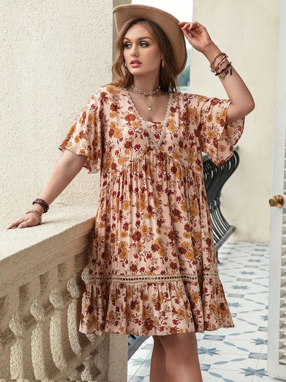 Plus Size Floral Crochet Flutter Sleeve Dress - MAD RUFFI