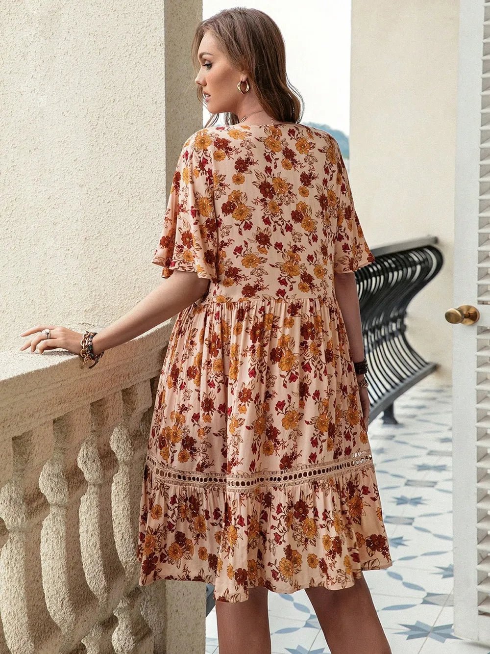 Plus Size Floral Crochet Flutter Sleeve Dress - MAD RUFFI