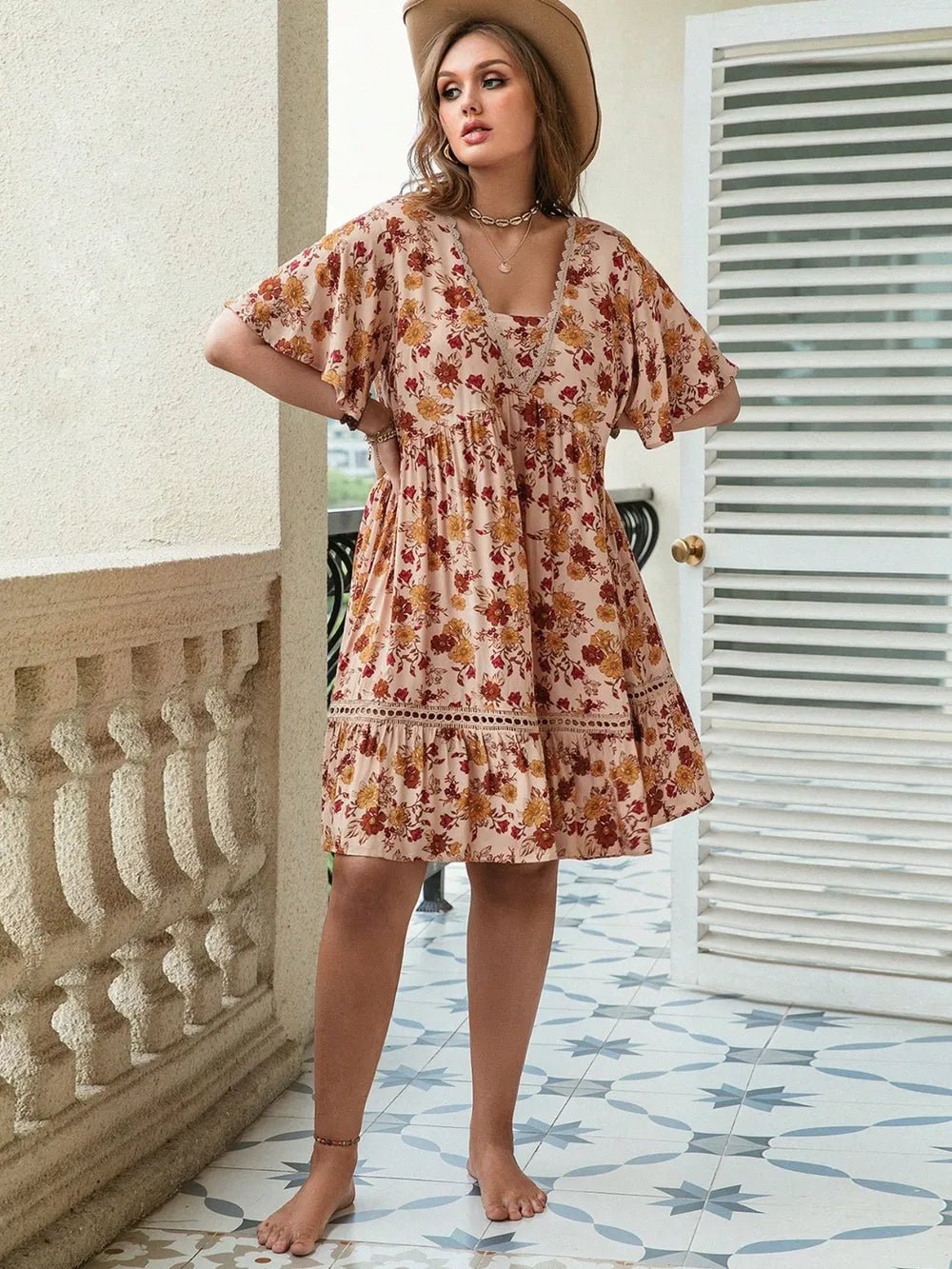 Plus Size Floral Crochet Flutter Sleeve Dress - MAD RUFFI