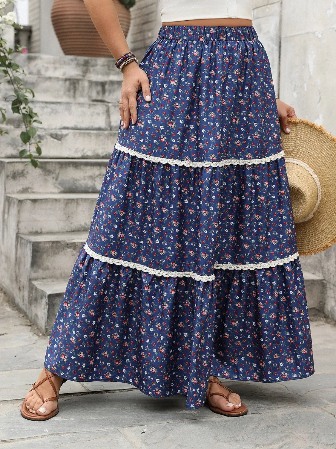 Plus Size Floral Elastic Waist Maxi Skirt - MAD RUFFI