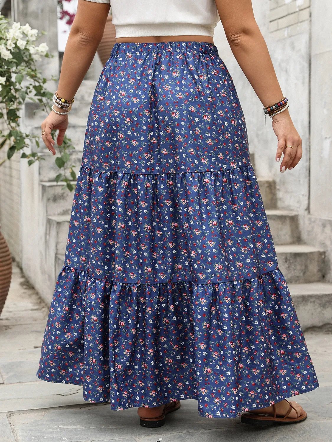 Plus Size Floral Elastic Waist Maxi Skirt - MAD RUFFI
