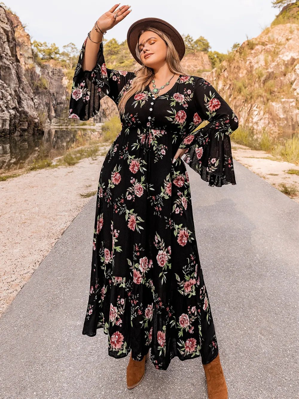 Plus Size Floral Flare Sleeve Dress - MAD RUFFI