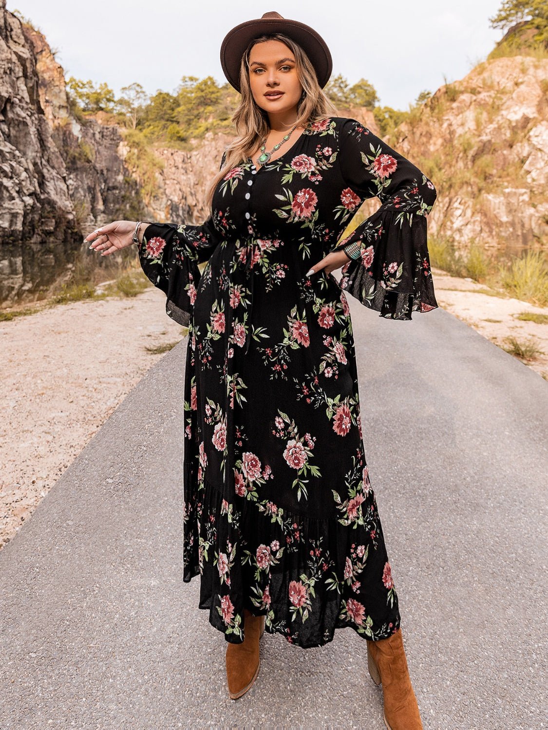 Plus Size Floral Flare Sleeve Dress - MAD RUFFI