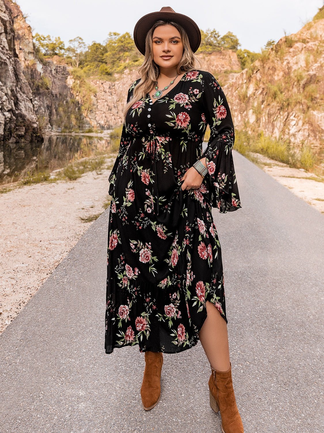 Plus Size Floral Flare Sleeve Dress - MAD RUFFI
