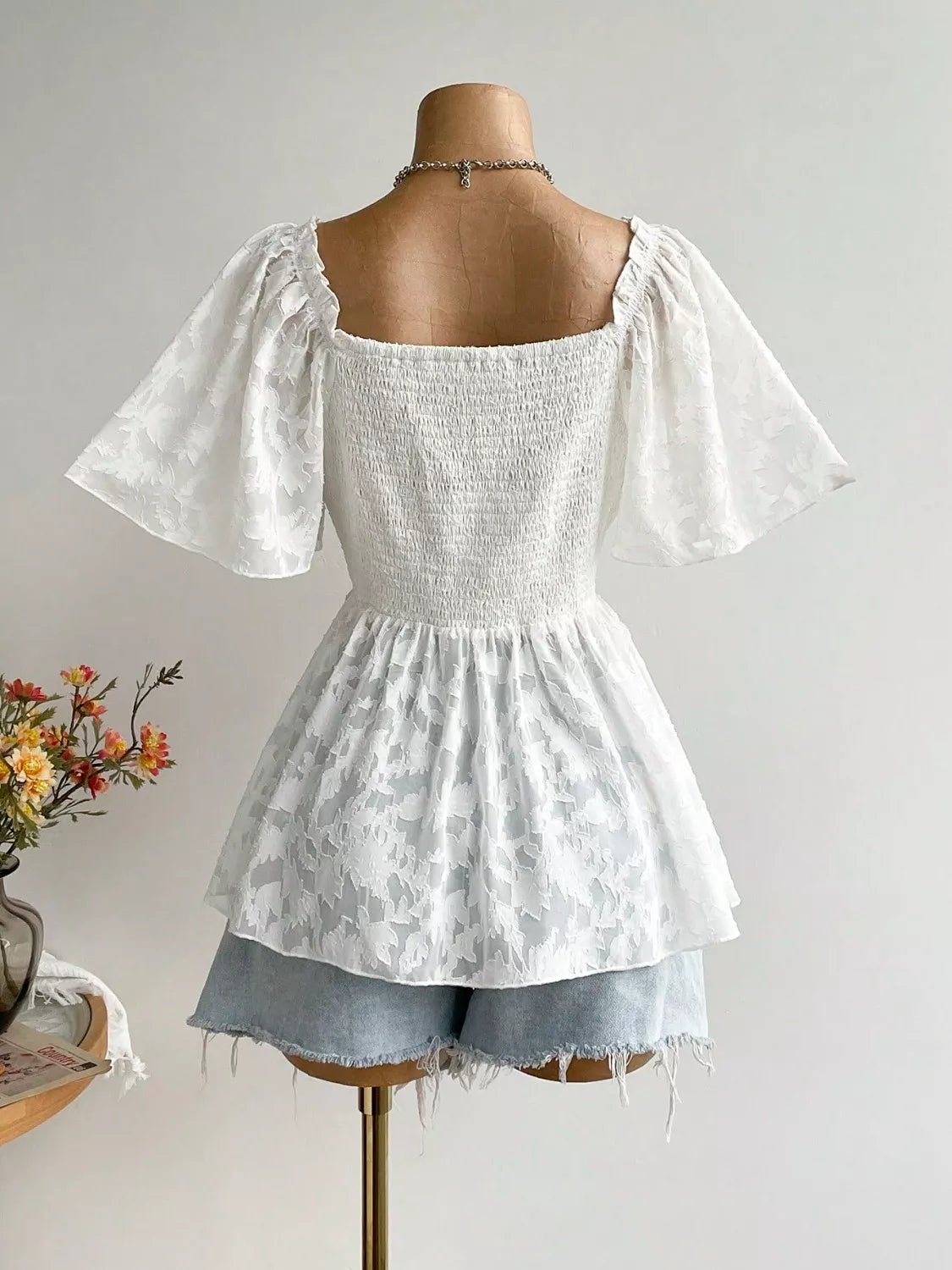 Plus Size Floral Flutter Sleeve Blouse with Smocked Back - MAD RUFFI