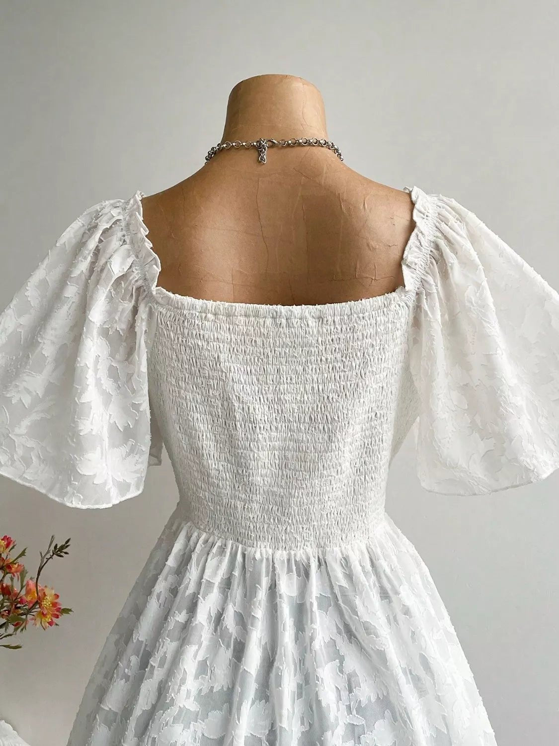 Plus Size Floral Flutter Sleeve Blouse with Smocked Back - MAD RUFFI