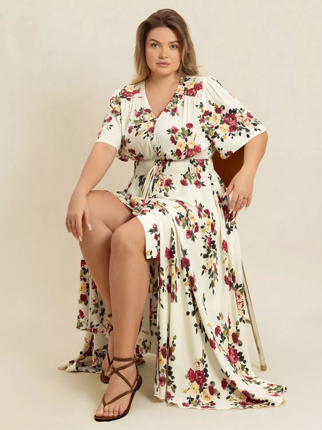 Plus Size Floral Flutter Sleeve Maxi Dress with Button Front - MAD RUFFI