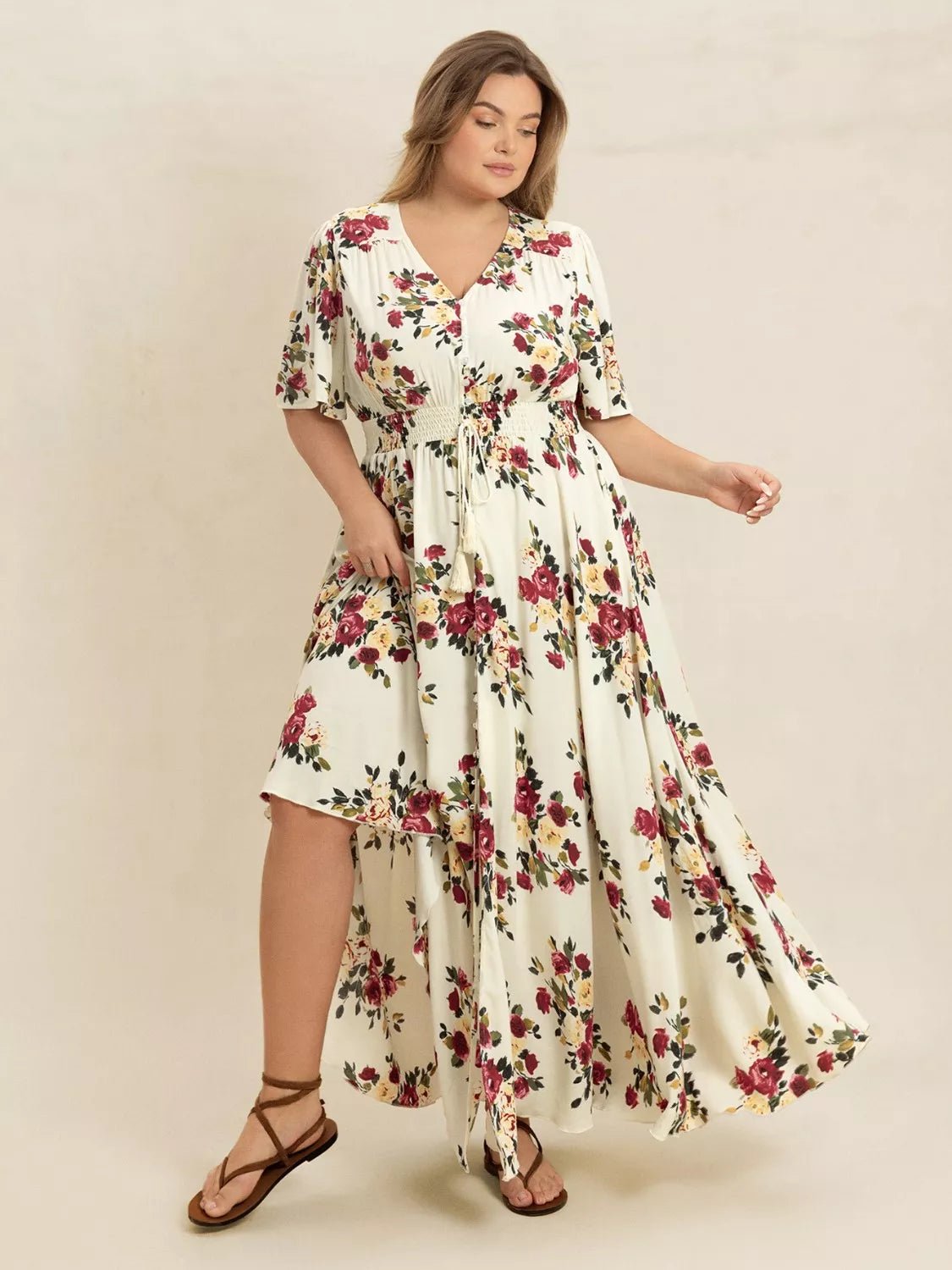 Plus Size Floral Flutter Sleeve Maxi Dress with Button Front - MAD RUFFI