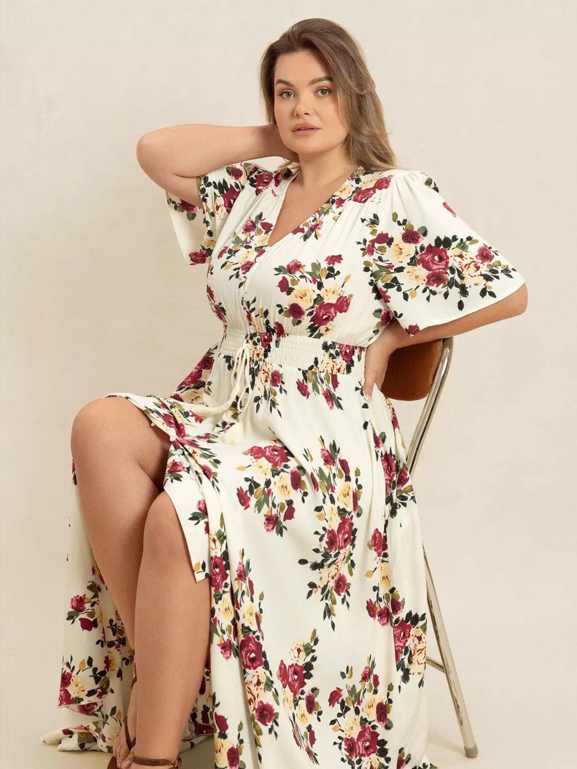 Plus Size Floral Flutter Sleeve Maxi Dress with Button Front - MAD RUFFI