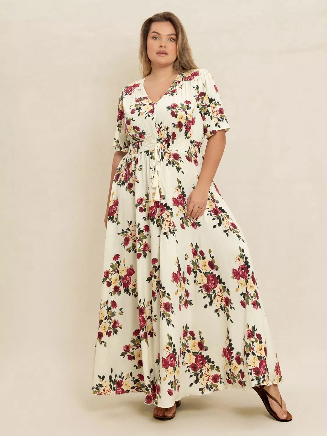 Plus Size Floral Flutter Sleeve Maxi Dress with Button Front - MAD RUFFI