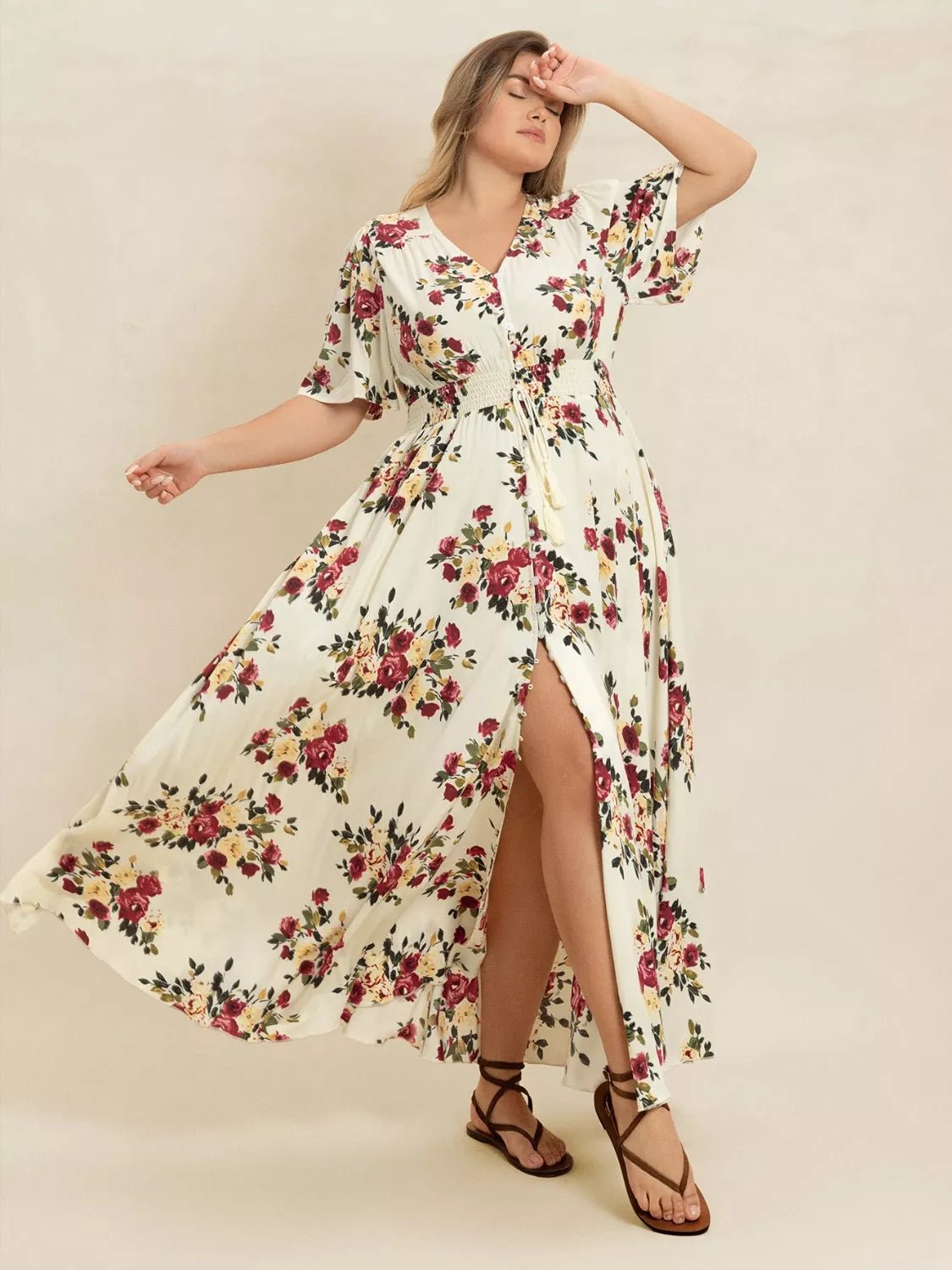 Plus Size Floral Flutter Sleeve Maxi Dress with Button Front - MAD RUFFI