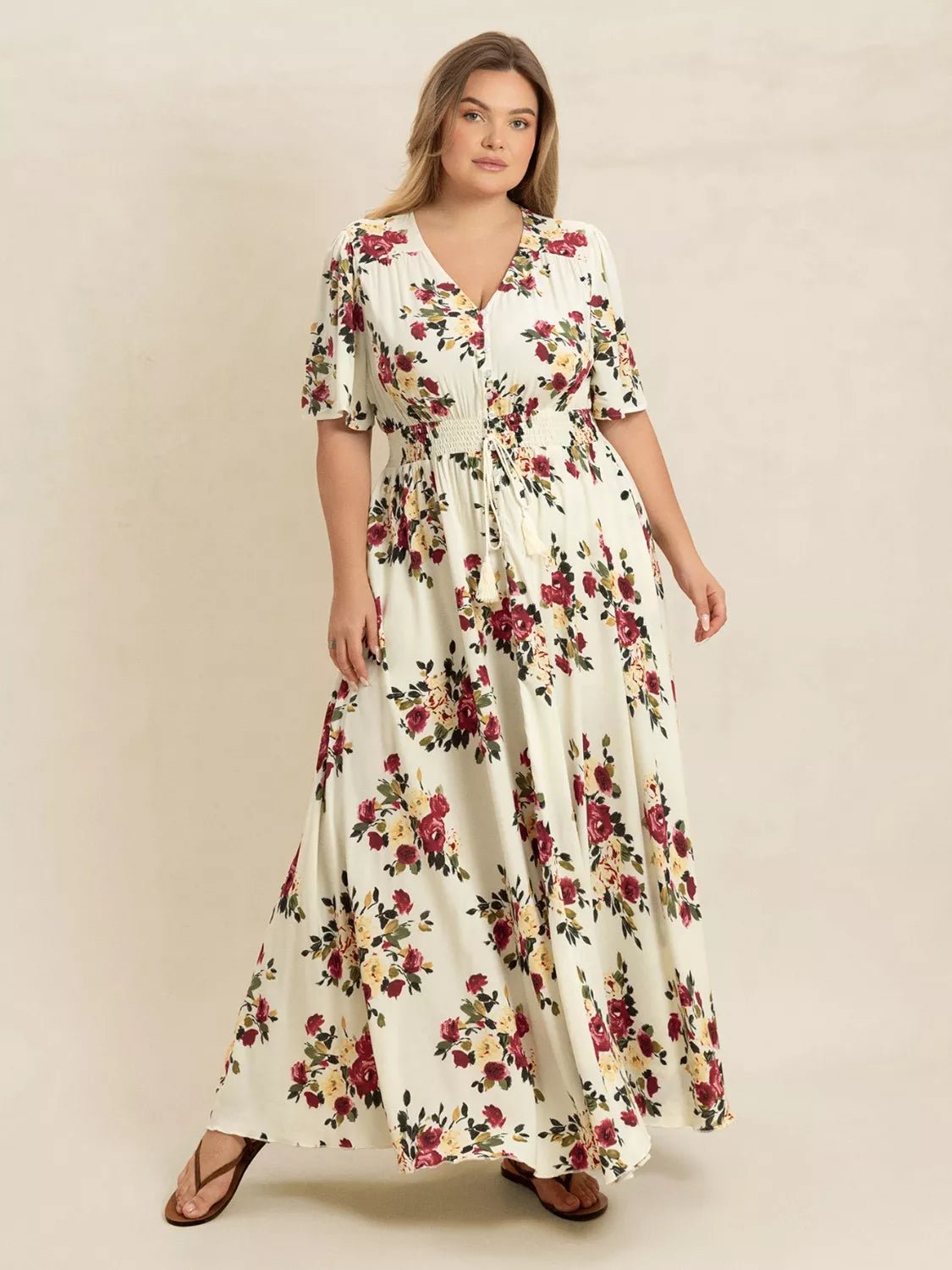 Plus Size Floral Flutter Sleeve Maxi Dress with Button Front - MAD RUFFI