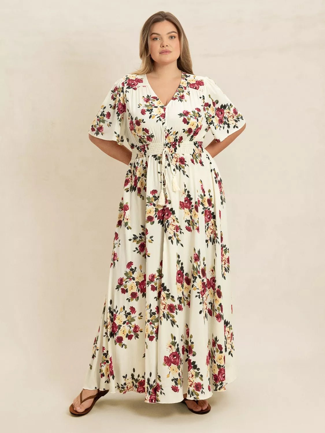 Plus Size Floral Flutter Sleeve Maxi Dress with Button Front - MAD RUFFI