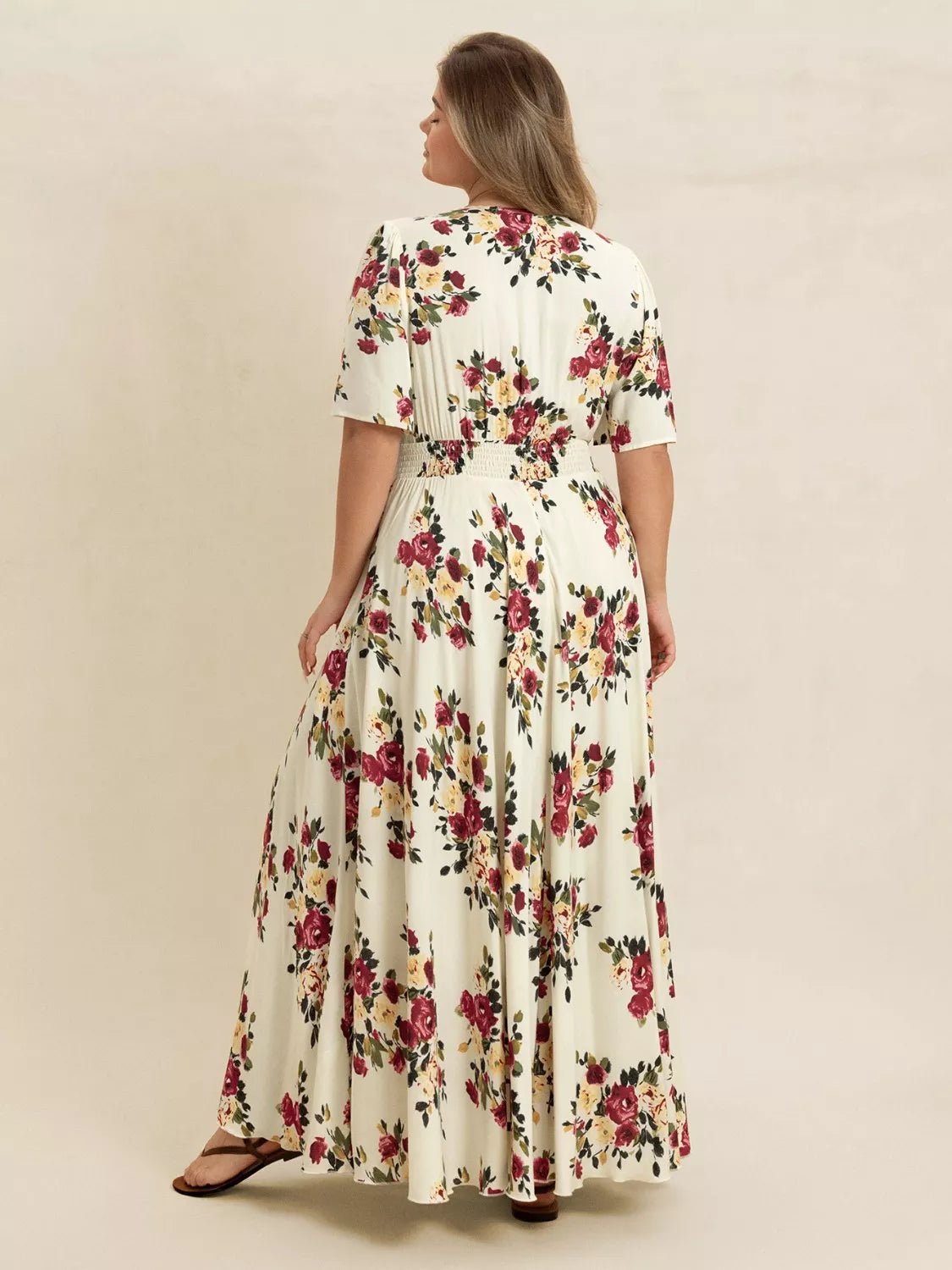 Plus Size Floral Flutter Sleeve Maxi Dress with Button Front - MAD RUFFI