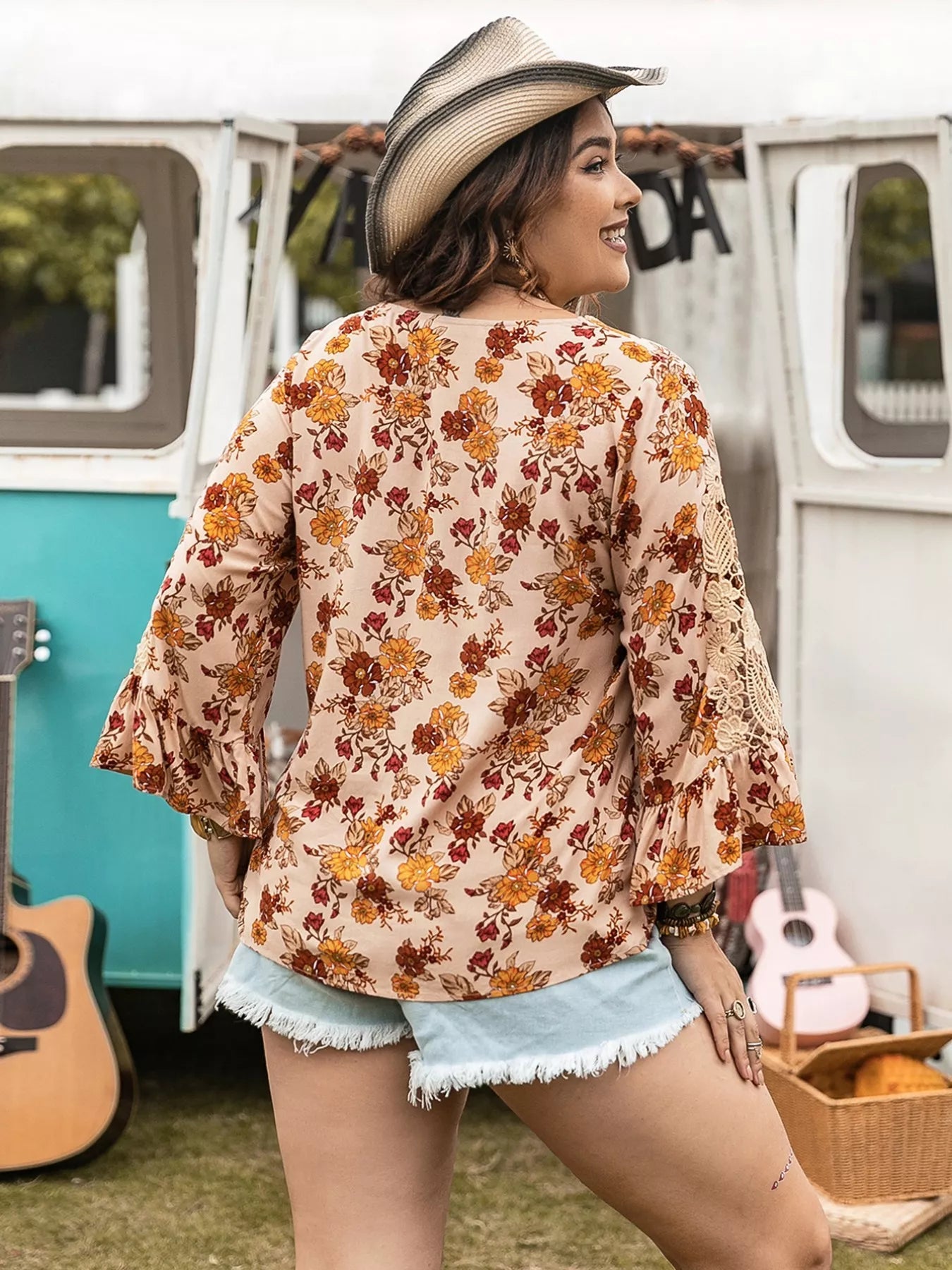 Plus Size Floral Lace Detail V - Neck Blouse - MAD RUFFI