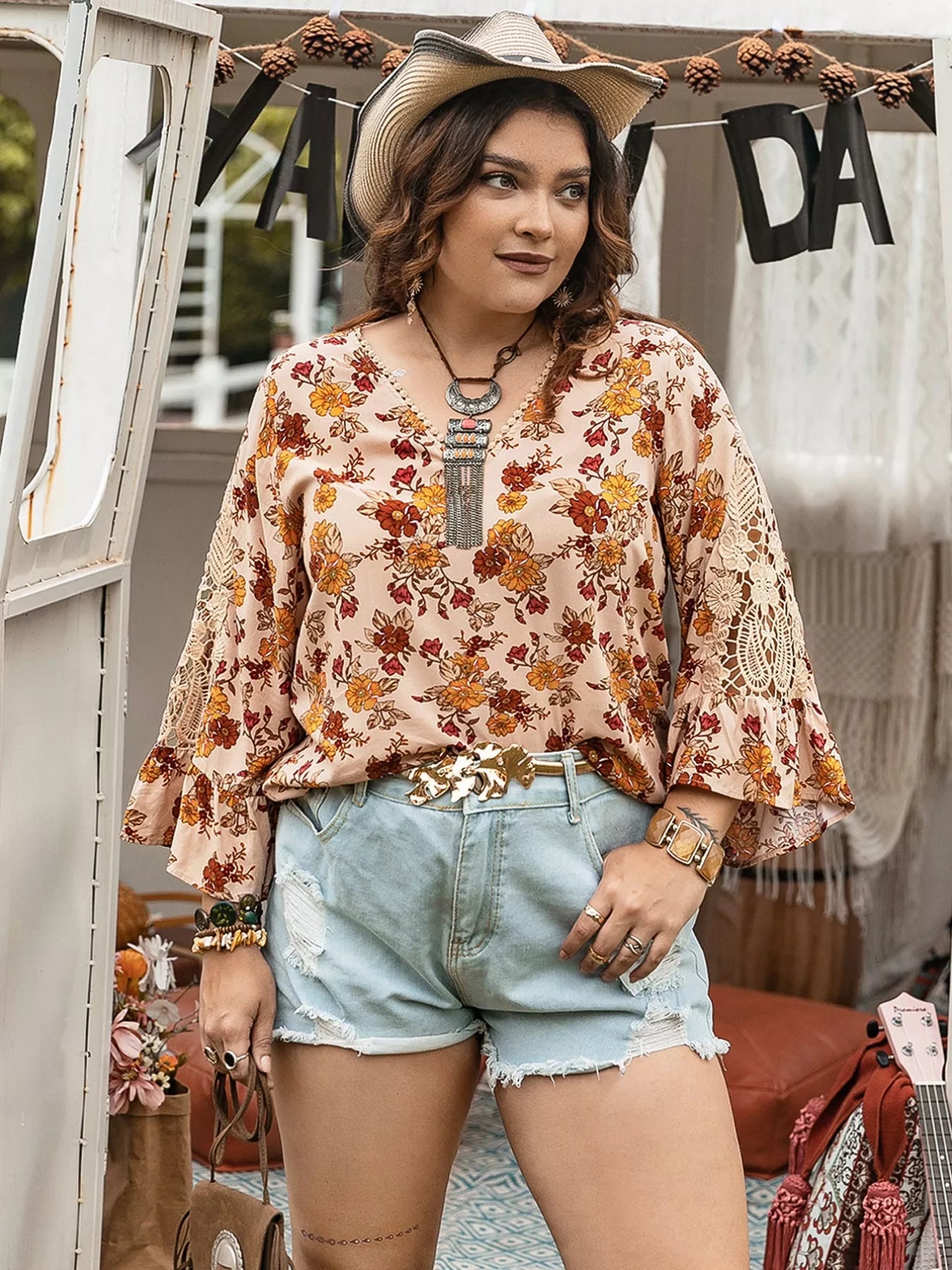 Plus Size Floral Lace Detail V - Neck Blouse - MAD RUFFI