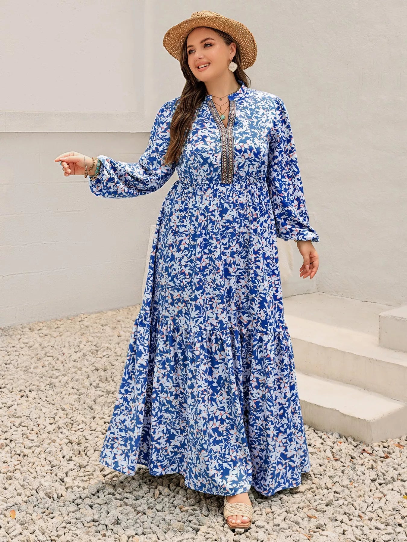 Plus Size Floral Print Bohemian Maxi Dress - MAD RUFFI