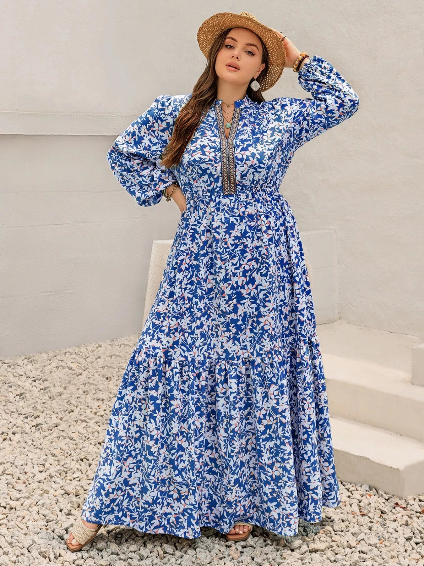 Plus Size Floral Print Bohemian Maxi Dress - MAD RUFFI