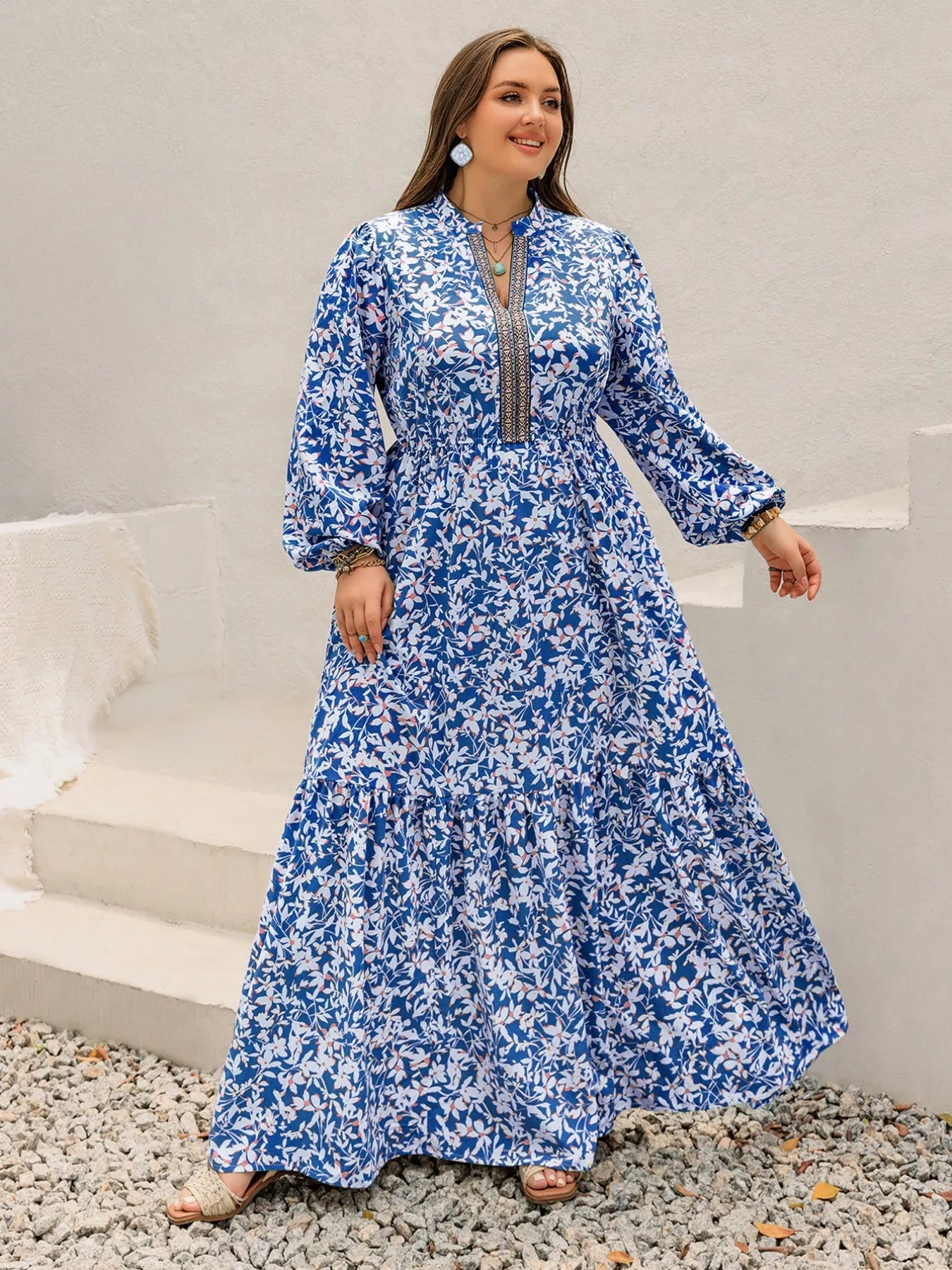Plus Size Floral Print Bohemian Maxi Dress - MAD RUFFI