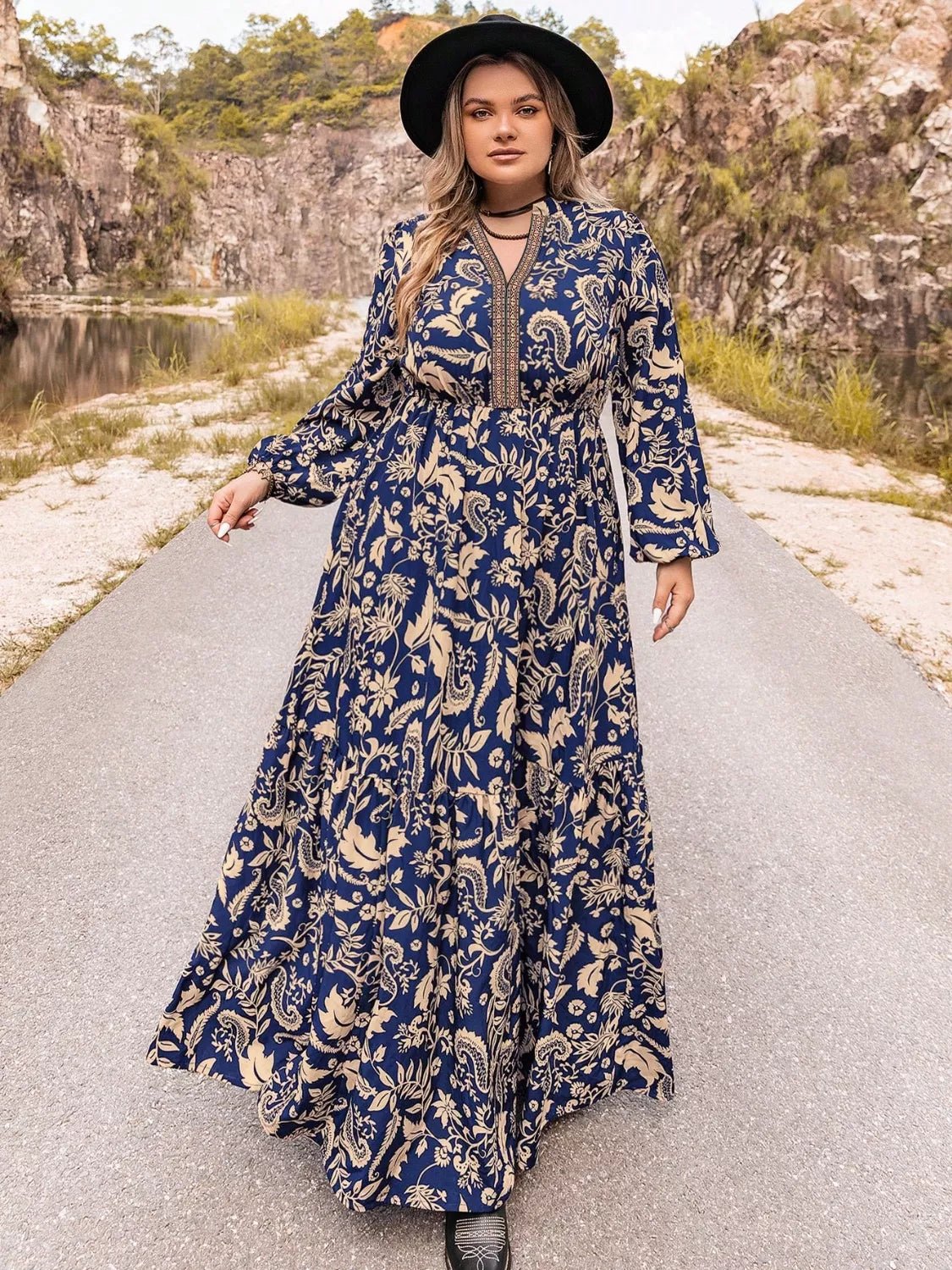 Plus Size Floral Print Long Sleeve Maxi Dress - MAD RUFFI