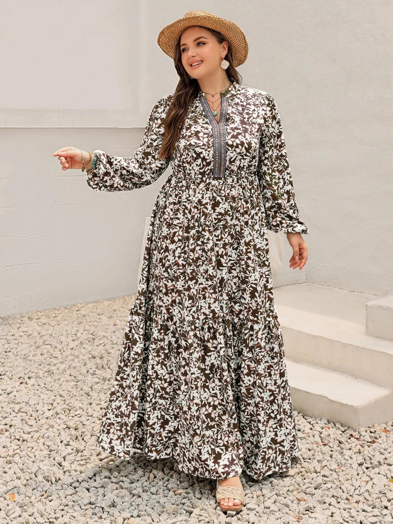 Plus Size Floral Print Long Sleeve Maxi Dress - MAD RUFFI