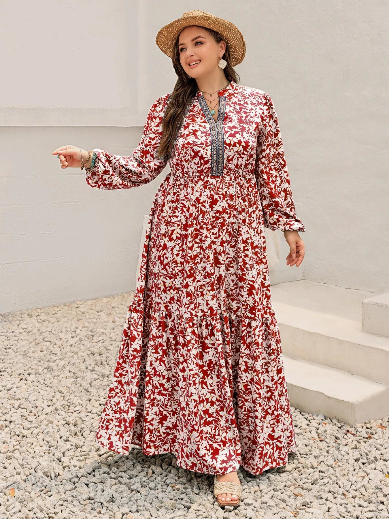 Plus Size Floral Print Long Sleeve Maxi Dress - MAD RUFFI