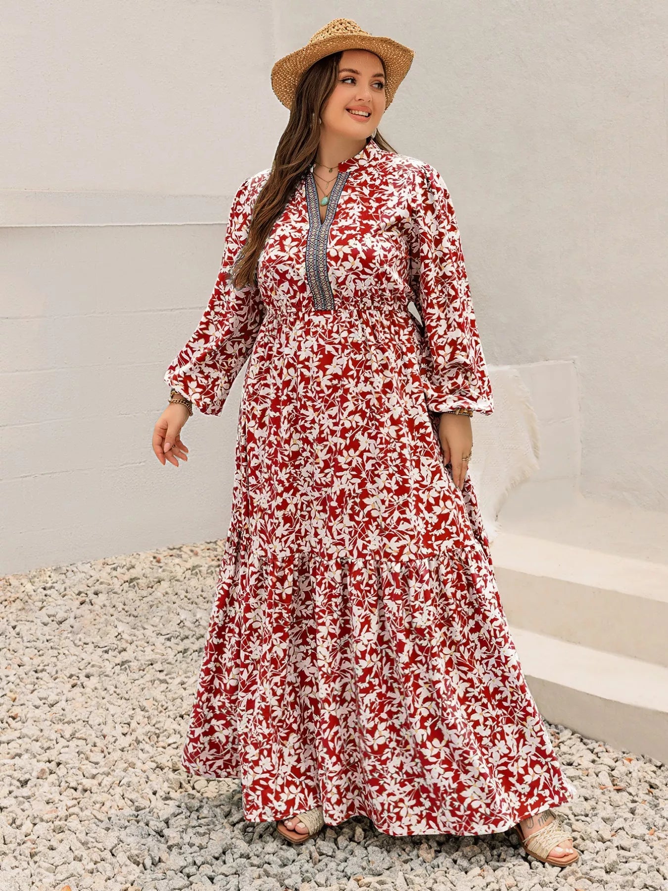 Plus Size Floral Print Long Sleeve Maxi Dress - MAD RUFFI