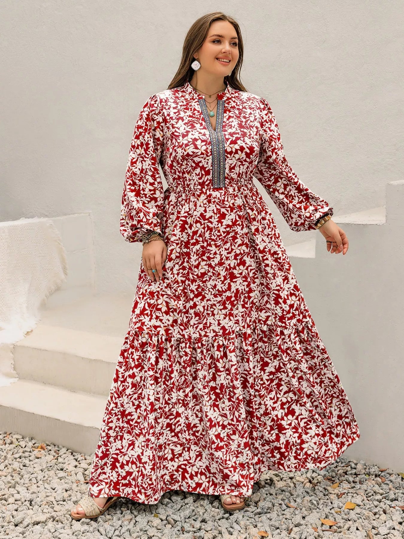 Plus Size Floral Print Long Sleeve Maxi Dress - MAD RUFFI