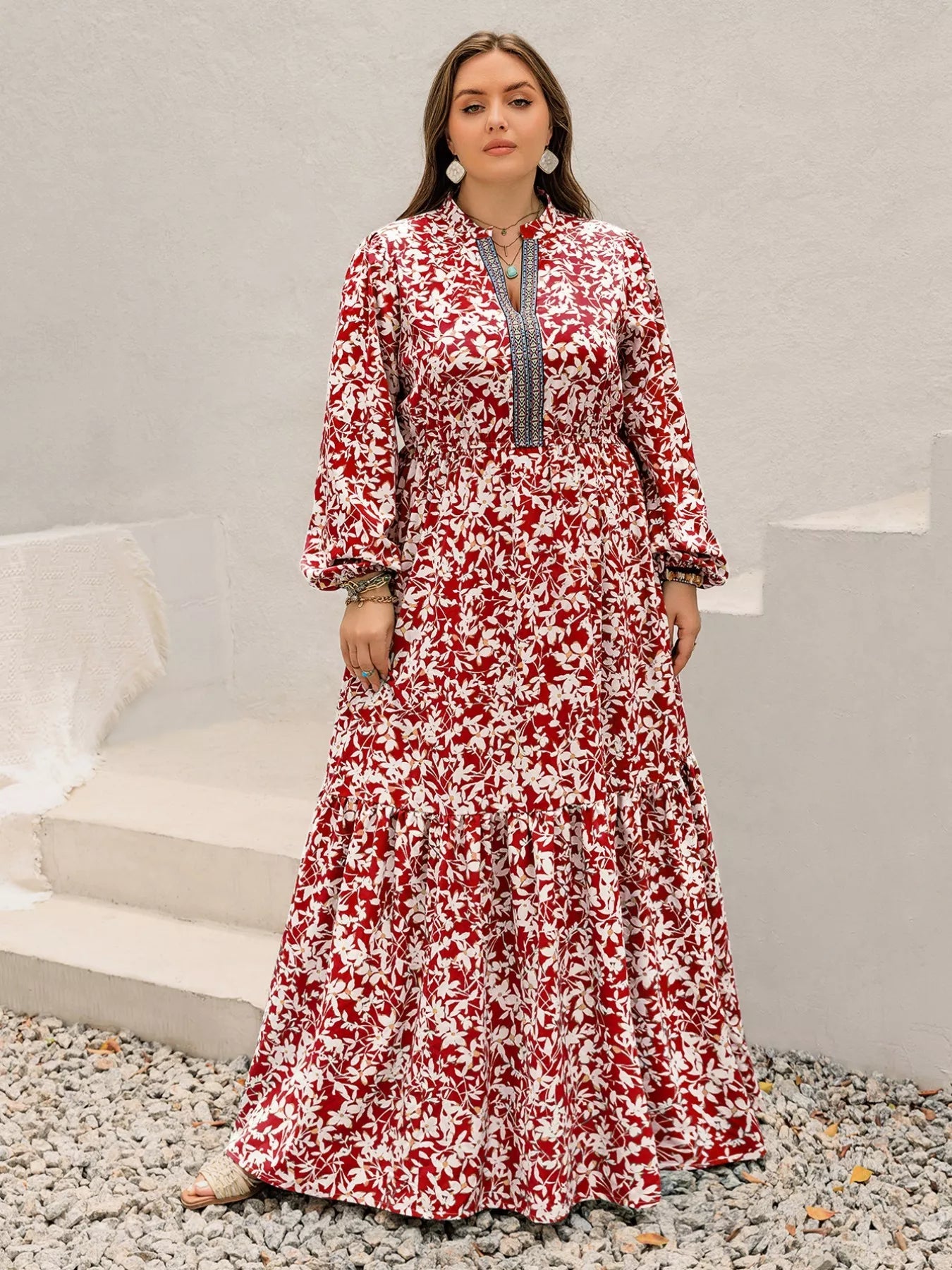Plus Size Floral Print Long Sleeve Maxi Dress - MAD RUFFI