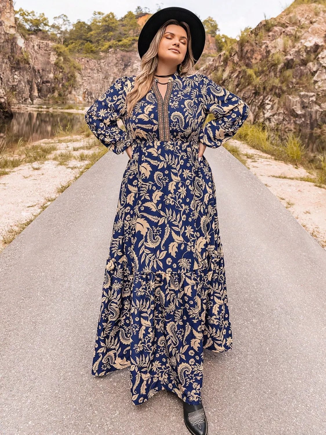 Plus Size Floral Print Long Sleeve Maxi Dress - MAD RUFFI