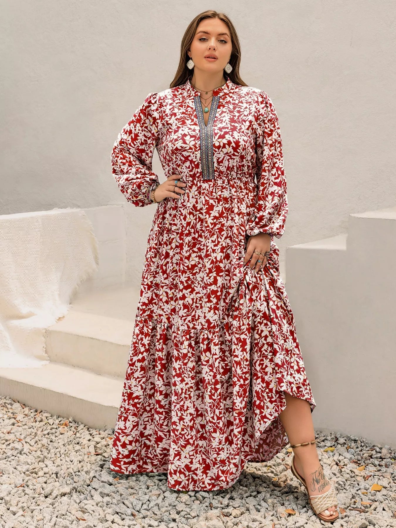 Plus Size Floral Print Long Sleeve Maxi Dress - MAD RUFFI