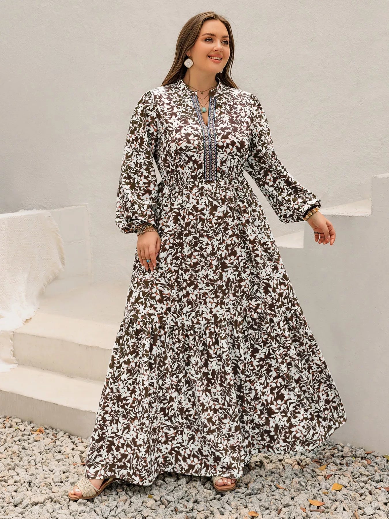 Plus Size Floral Print Long Sleeve Maxi Dress - MAD RUFFI