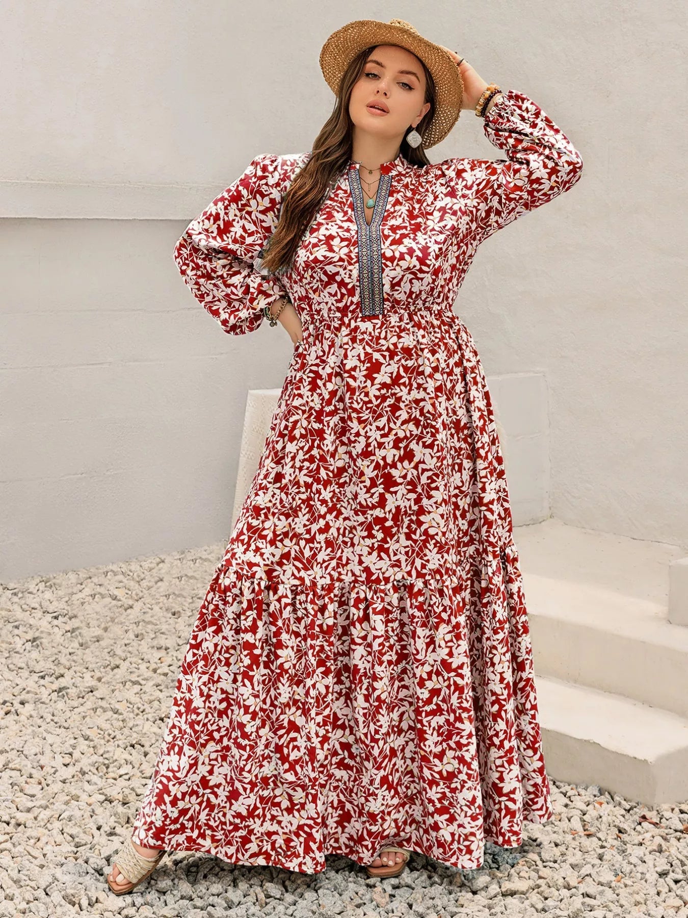 Plus Size Floral Print Long Sleeve Maxi Dress - MAD RUFFI